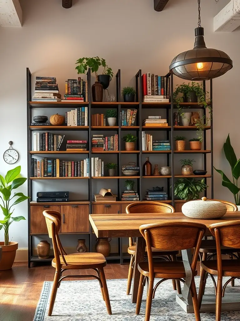 A dining room featuring an industrial bookshelf filled with books, plants, and decorative items, paired with a rustic wooden table and chairs, showcasing the blend of industrial and farmhouse elements.
