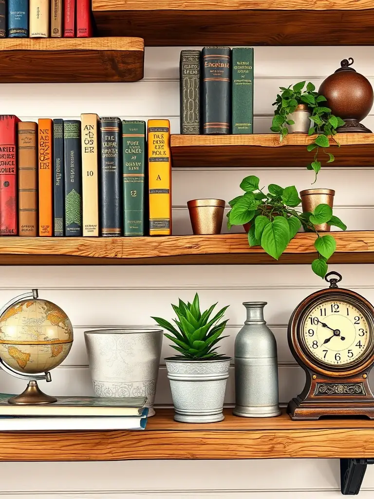A close-up shot of a rustic wooden shelf adorned with vintage books, potted plants, and antique decor items, set against a shiplap wall, showcasing the charm of modern farmhouse style.