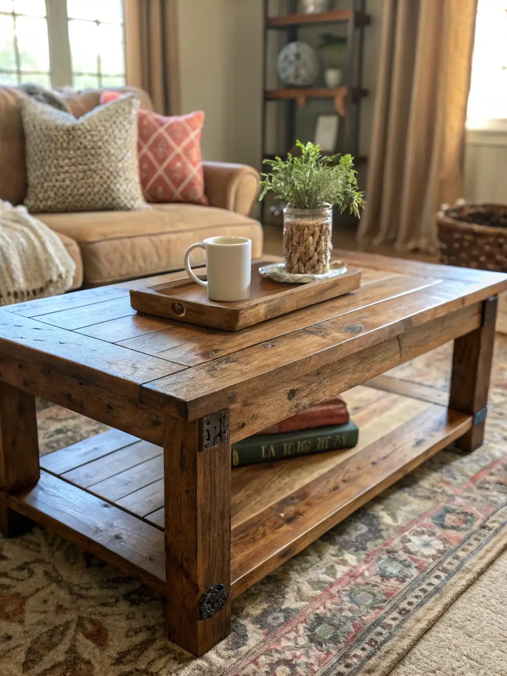 A cozy living room featuring a mid-century coffee table with a vase of wildflowers, surrounded by a woven throw blanket and decorative pillows, showcasing the comfort and style of modern farmhouse decor.