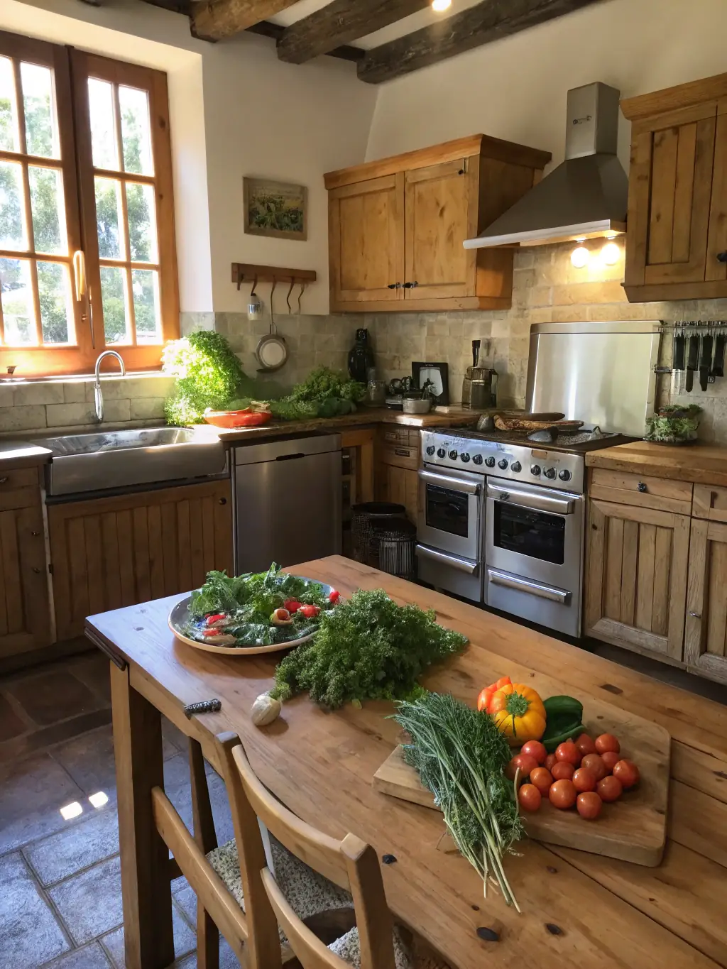 A well-lit kitchen featuring stainless steel cookware hanging above a butcher block island, with white cabinets and farmhouse-style sink, highlighting the functionality and style of modern farmhouse kitchenware.